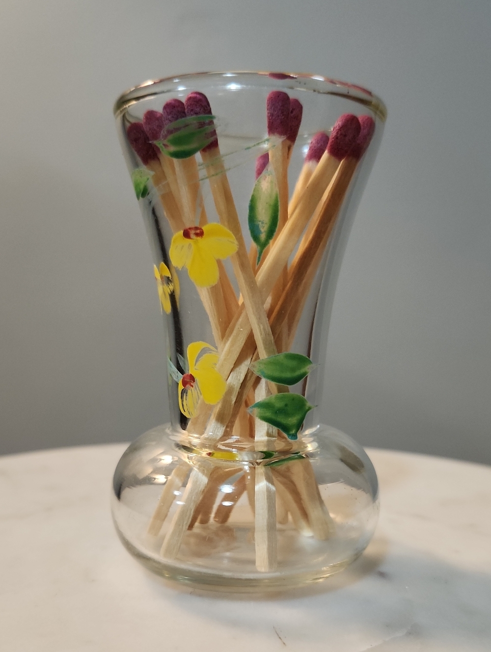 Hand-Painted Mini Glass Bud Vase with Floral Motif Or Matchstick Holder